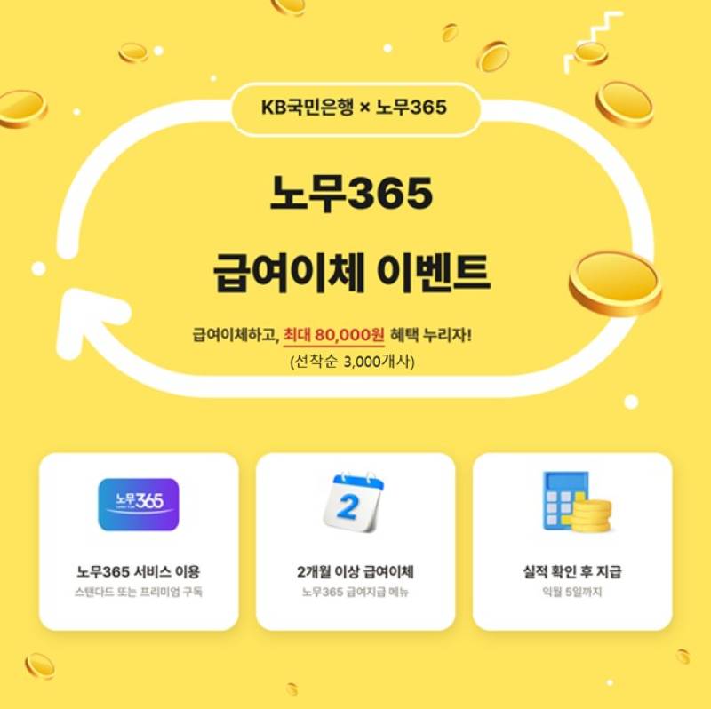 KB국민은행, '노무365' 급여이체 이벤트...최대 8만원 혜택 - 뉴스 썸네일 이미지